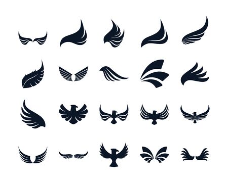Wings and eagles silhouette style icon set design, animal feather bird angel wildlife flight freedom and tattoo theme Vector illustrationのイラスト素材