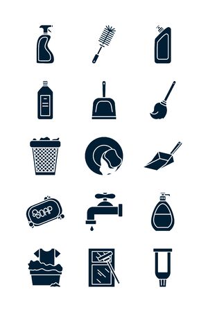 silhouette style icon set design, Cleaning service wash home hygiene equipment domestic interior housework and housekeeping theme Vector illustrationのイラスト素材
