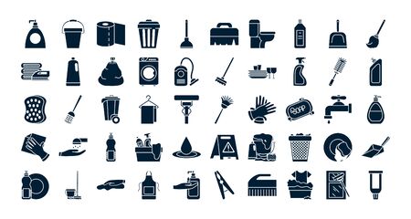 silhouette style icon set design, Cleaning service wash home hygiene equipment domestic interior housework and housekeeping theme Vector illustrationのイラスト素材