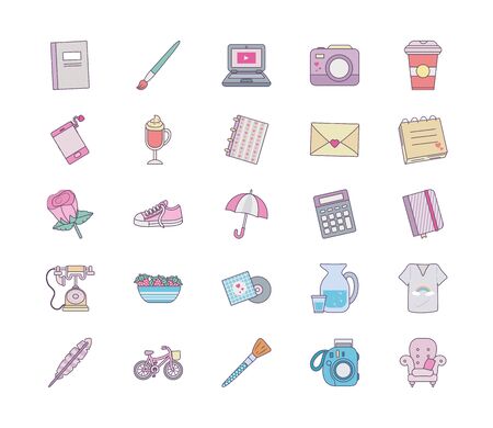 cute objects line and fill style icon set design, Ornament art cute idea creative and decorative theme Vector illustrationのイラスト素材
