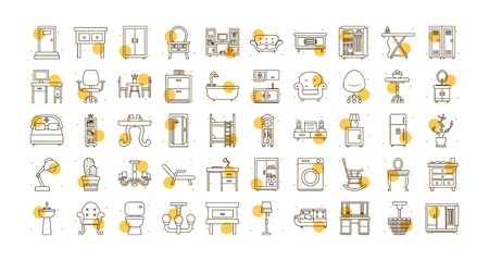 block and line style icon set design, Home room decoration interior living building apartment and residential theme Vector illustrationのイラスト素材