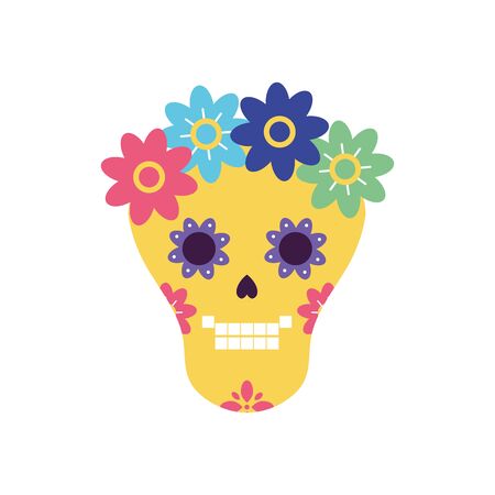 Mexican skull with flowers flat style icon design, Mexico culture tourism landmark latin and party theme Vector illustrationのイラスト素材