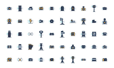 line fill block style icon set design, photography technology equipment digital photo focus and...