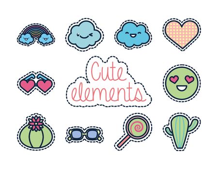 cute elements line fill style icon set design, Kawaii expression character funny emoticon and childhood theme Vector illustrationのイラスト素材