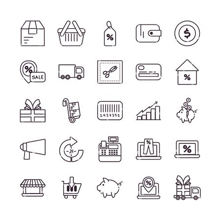 Shopping line style icon set design of Commerce market store shop retail buy paying banking and consumerism theme Vector illustrationの販売画像