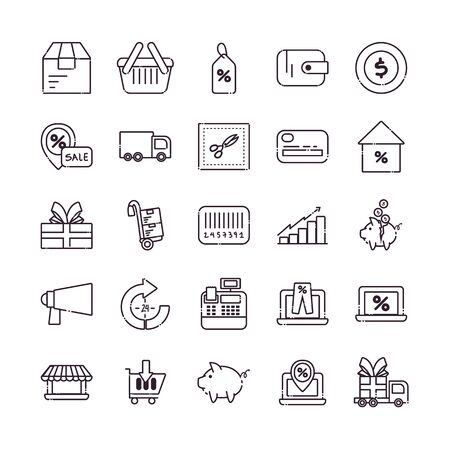 Shopping line style icon set design of Commerce market store shop retail buy paying banking and consumerism theme Vector illustration