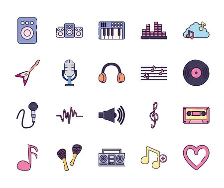 fill style icon set design, Music sound melody song musical art and composition theme Vector illustrationのイラスト素材
