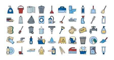 line and fill style icon set design, Cleaning service wash home hygiene equipment domestic interior housework and housekeeping theme Vector illustrationのイラスト素材
