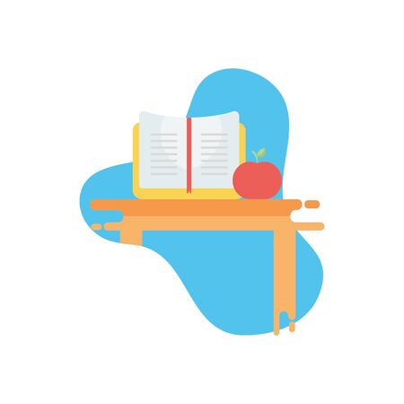 School book and apple over table flat block style icon design, Eduaction class lesson knowledge preschooler study learning classroom and primary theme Vector illustrationのイラスト素材