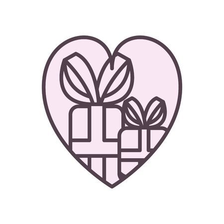 Gifts inside heart line style icon design, happy birthday celebration decoration party festive and surprise theme Vector illustrationのイラスト素材