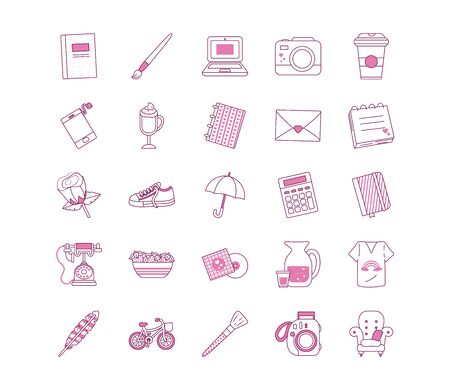 cute objects half line half color style icon set design, Ornament art cute idea creative and decorative theme Vector illustrationのイラスト素材