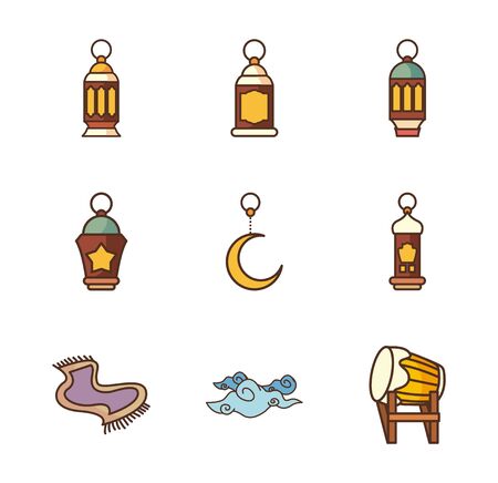 Ramadan fill style icon set design, Islamic muslim religion culture belief religious faith god spiritual meditation and traditional theme Vector illustrationのイラスト素材