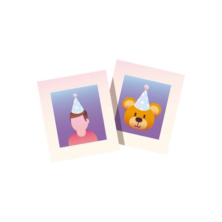 boy and bear with hat pictures gradient style icon design, Party celebration event happy birthday holiday surprise anniversary and decorative theme Vector illustrationのイラスト素材