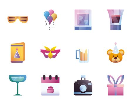 Gradient style icon set design, Party celebration event happy birthday holiday surprise anniversary and decorative theme Vector illustrationのイラスト素材