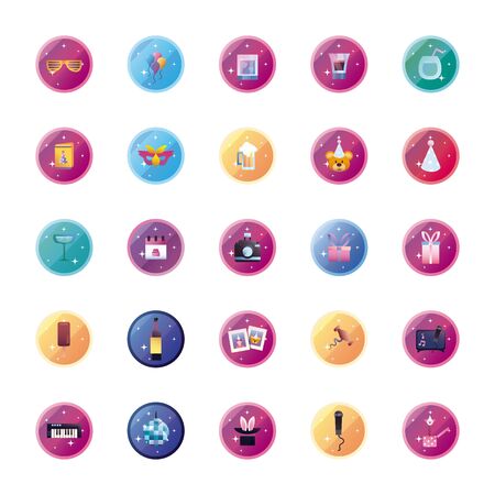 Gradient style icon set design, Party celebration event happy birthday holiday surprise anniversary and decorative theme Vector illustrationのイラスト素材