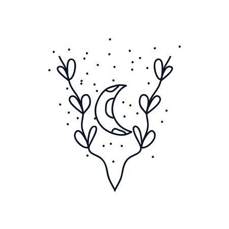 leaves and moon icon over white background, minimalist tattoo concept, line block style, vector illustrationのイラスト素材