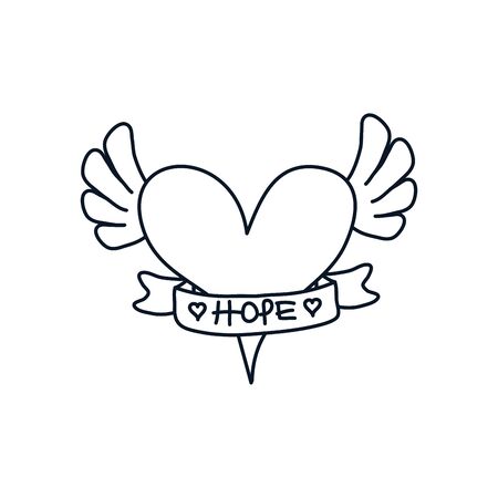 heart with wings and ribbon icon over white background, minimalist tattoo concept, line style, vector illustrationのイラスト素材
