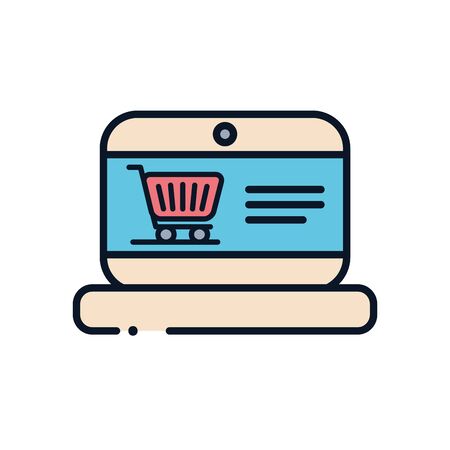 cart inside laptop line fill style icon design of Shopping commerce market store shop retail buy paying banking and consumerism theme Vector illustrationのイラスト素材