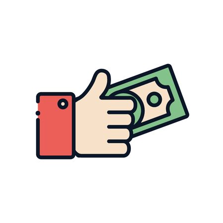 hand holding bill line fill style icon of money financial item banking commerce market payment buy currency accounting and invest theme Vector illustrationのイラスト素材