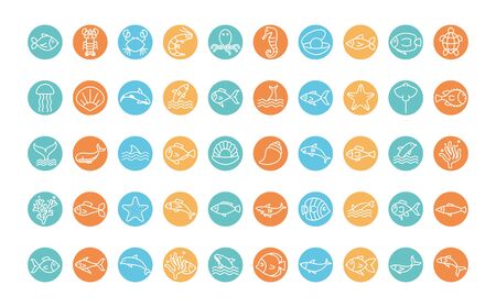 line block style icon set design Sea animals life ecosystem fauna ocean underwater water nature marine tropical theme Vector illustrationのイラスト素材