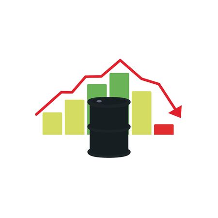 oil barrel and graphic bar chart with arrow down icon over white background, flat style, the oil crash concept design, vector illustrationのイラスト素材