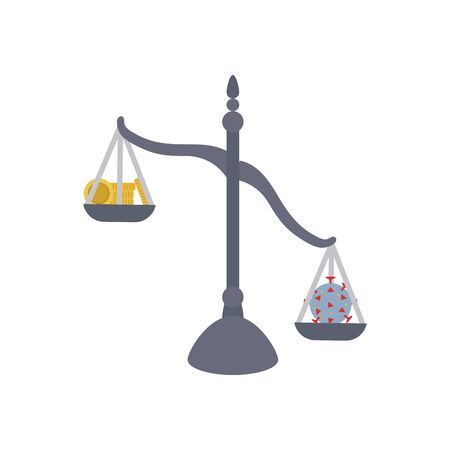 Concept of falling on oil market, Scales with money and coronavirus icon over white background, flat style, vector illustrationのイラスト素材