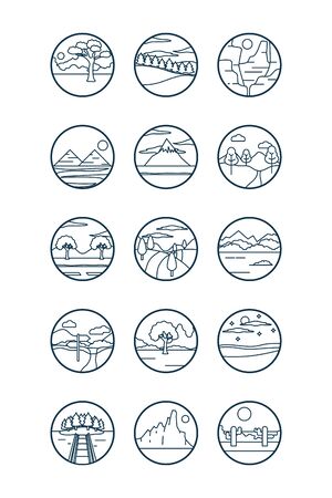 Landscapes line style icon set design, nature earth eco ecology conservation bio environment and outdoor theme Vector illustrationのイラスト素材