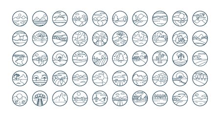 Landscapes line style icon set design, nature earth eco ecology conservation bio environment and outdoor theme Vector illustrationのイラスト素材