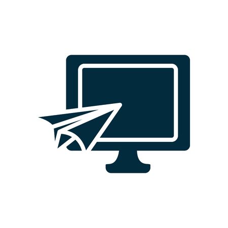 computer and paper plane icon over white background, silhouette style, vector illustrationのイラスト素材