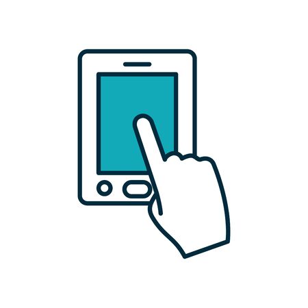 hand touching a cellphone icon over white background, half line half color style , vector illustrationのイラスト素材
