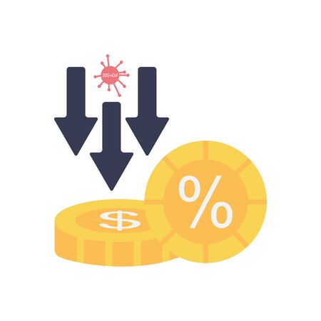 arrow downs with covid19 virus symbol and money coins icon over white background, flat style, vector illustrationのイラスト素材