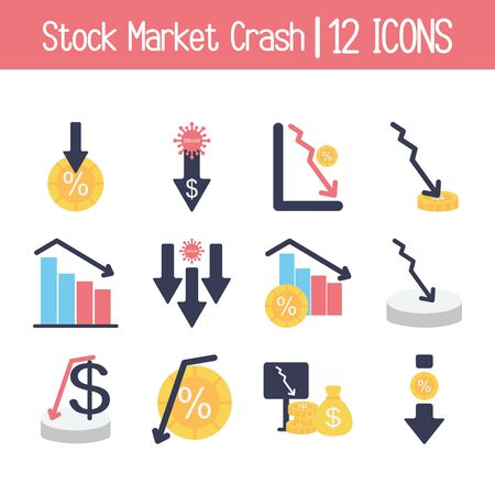 money symbols and stock market crash icon set over white background, flat style, vector illustrationのイラスト素材