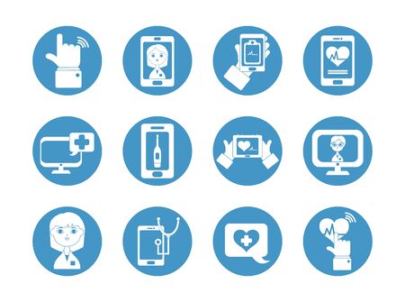 computers and doctor online icon set over white background, block style, vector illustrationのイラスト素材