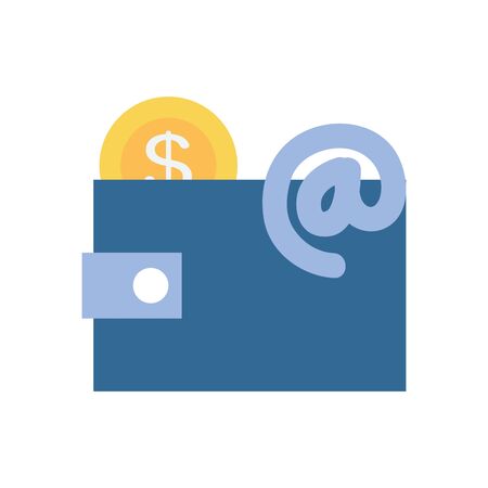 payments online concept, wallet with money coin and at symbol icon over white background, flat style, vector illustrationのイラスト素材