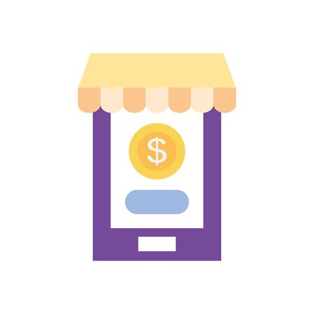 payment online concept, smartphone with store tent and money coin on screen icon over white background, flat style, vector illustrationのイラスト素材