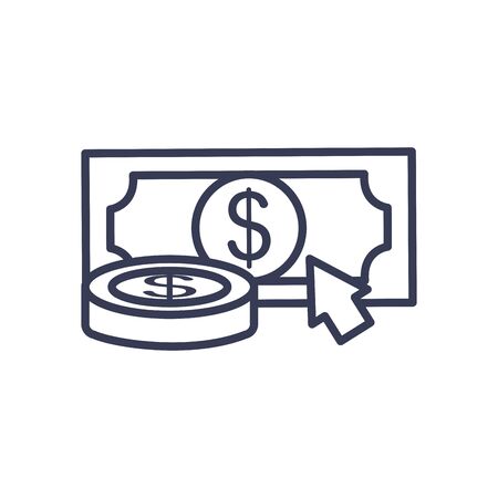 money coin and bill with cursor icon over white background, line style, vector illustrationのイラスト素材
