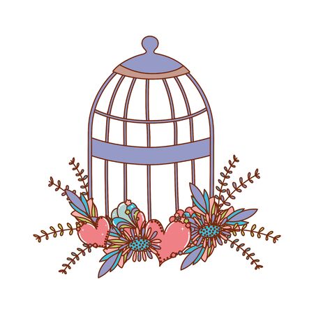 bird cage with flowers and leaves design, Boho style bohemic rustic decoration vintage fashion art ornament and drawn theme Vector illustrationのイラスト素材