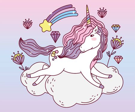 unicorn horse cartoon over cloud design, magic fantasy fairytale childhood animal fairy wild cute and lovely theme Vector illustrationのイラスト素材