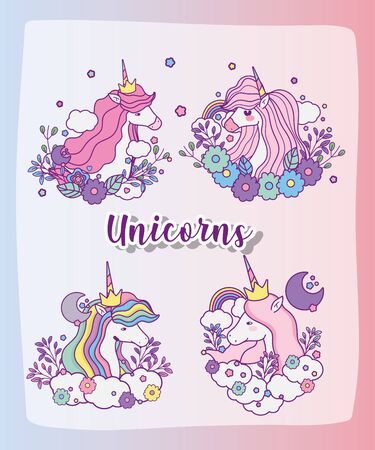 unicorns cartoons set design, magic fantasy fairytale childhood animal fairy wild cute and lovely theme Vector illustrationのイラスト素材
