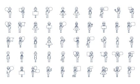 cartoon women and men doctors and medical staff icon set over white background, line style, vector illustrationのイラスト素材