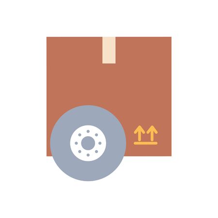 package box and wheel car icon over white background, flat style, vector illustrationのイラスト素材