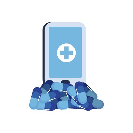 Pills and cross inside smartphone flat style icon design of Medical care health emergency aid exam clinic and patient theme Vector illustrationのイラスト素材