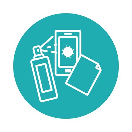 cellphone with disinfictant spray icon over white background, block style, vector illustrationのイラスト素材