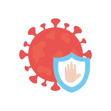stop covid19 concept, coronavirus symbol and shield with hand icon over white background, flat style, vector illustrationのイラスト素材