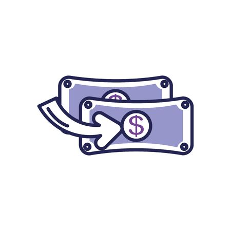 mobile banking concept, money bills with web arrow icon over white background, line color style, vector ilustrationのイラスト素材