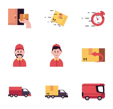 delivery men and fast delivery icon set over white background, flat style, vector illustrationのイラスト素材