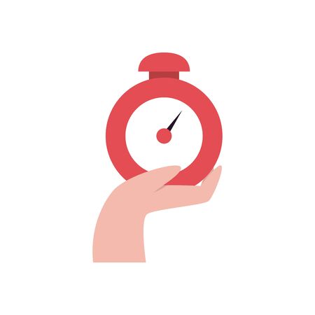 fast delivery concept, hand holding a clock icon over white background, flat style, vector illustrationのイラスト素材
