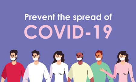 Design of covid 19 prevention with people with mouthmasks over purple background, colorful design, vector illustrationのイラスト素材