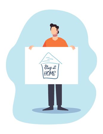 stay at home concept, Man standing holding a billboard over white background, colorful design, vector illustrationのイラスト素材