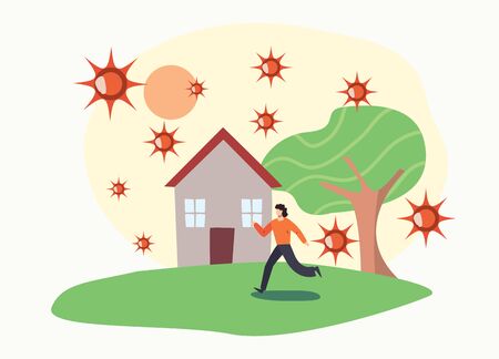stay home design, woman running to the house and coronavirus around over white background, colorful design, vector illustrationのイラスト素材